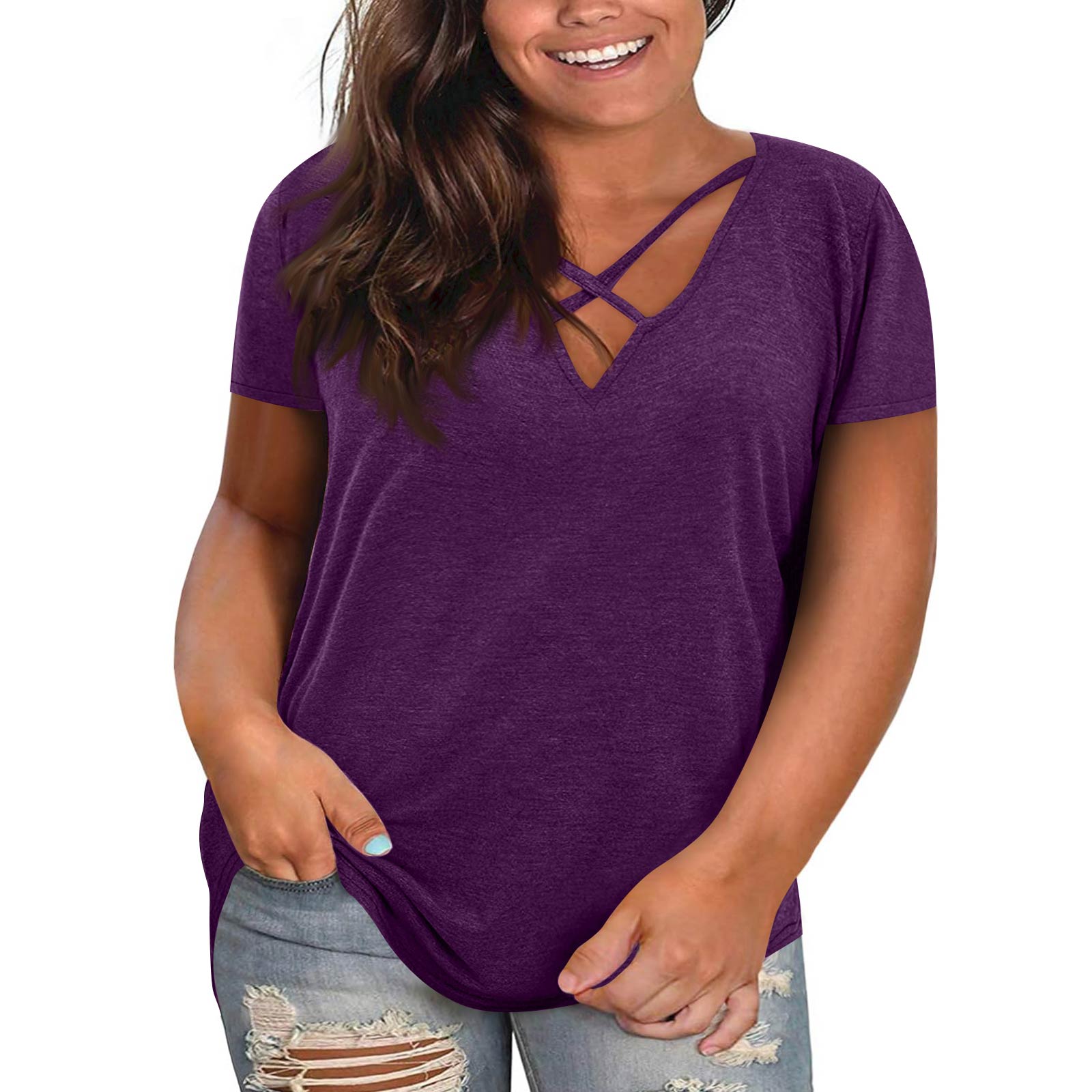 Women s Fashionable Casual Plus-Size V-Neck Short-Sleeve Top XXXXL