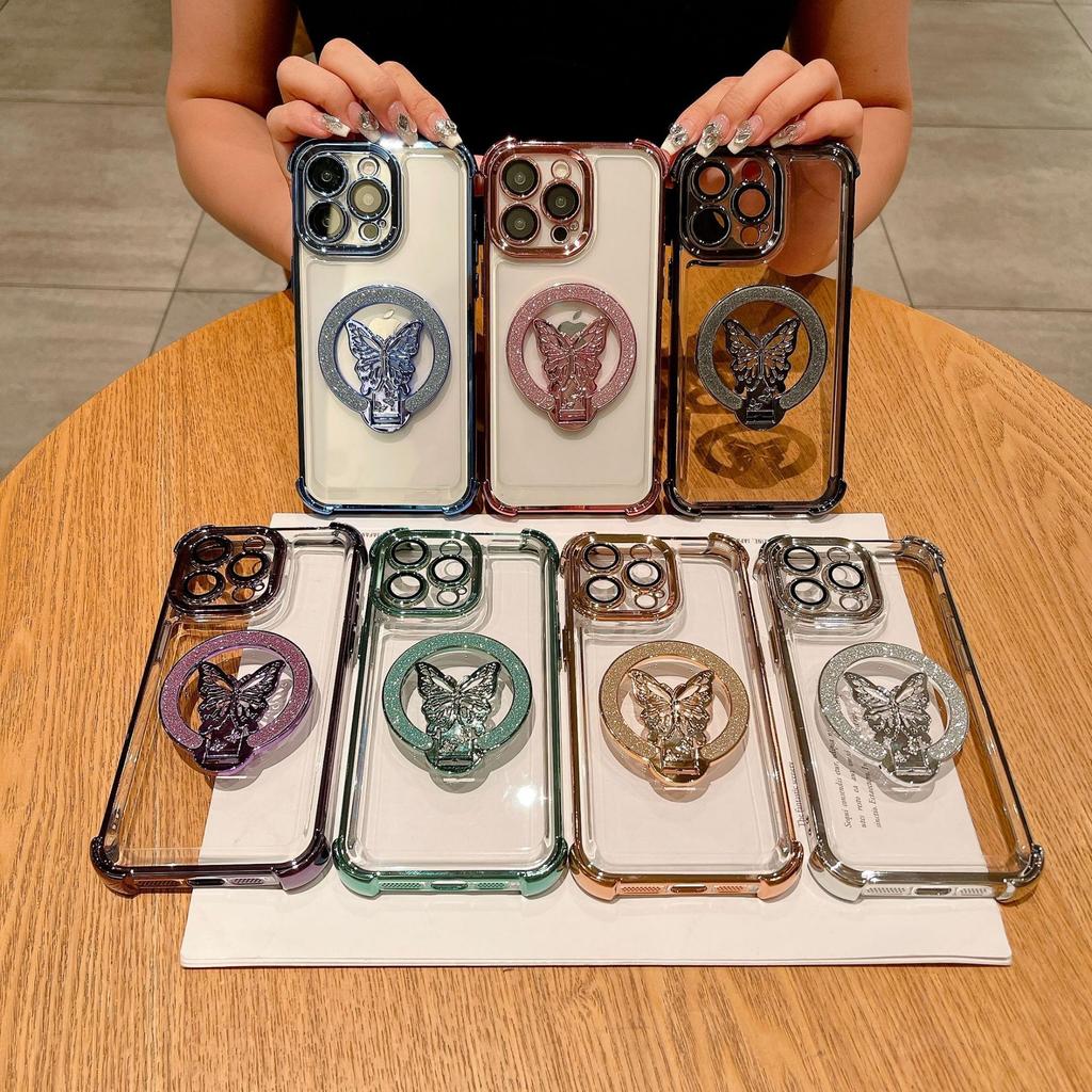 Applicable To IPhone16 Magnetic Suction Phone Case Flash Powder Butterfly Stand 14 Apple 15 Promax Airbag Anti-fall