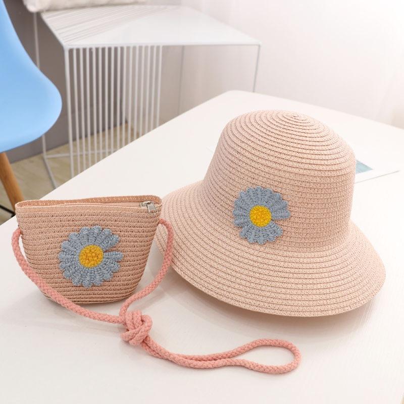 New parent-child sun hat summer straw hat large brim children's sun bucket hat basin hat bag set