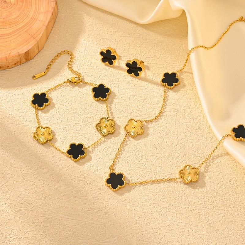 Double-Sided Lucky Clover Titanium Steel Necklace Earring Set Women Minimalist Fashion Daily Wear