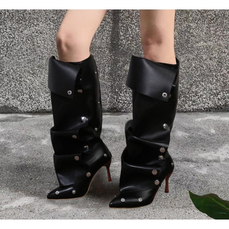 Willow Studded Buckle Splicing Cowboy Pleated Boots Women Spice Girls Fashion Ladies Slim Heel Sexy Versatile Women'S Shoes