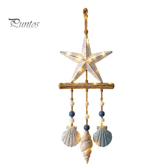 Decorazione da Appendere per Portico Costiero, Ornamento da Parete in Legno Illuminato, Cartello Nautico con Pesce, Conchiglia, Stella Marina e Ornamenti, Luci LED Calde, Casa al Mare per