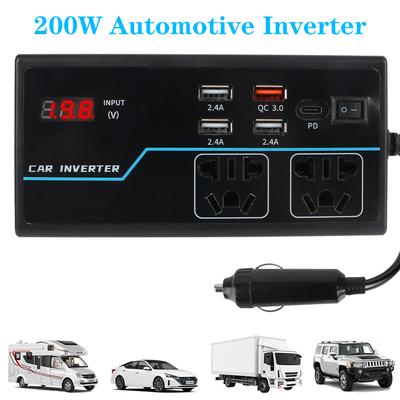 8 Gniazd Gniazdek Samochodowy Falownik DC 12V/24V na AC 110V/220V Konwerter Uniwersalny Adapter Zasilania Ładowarki USB/PD/Type-C 200W Ochrona przed Przeciążeniem