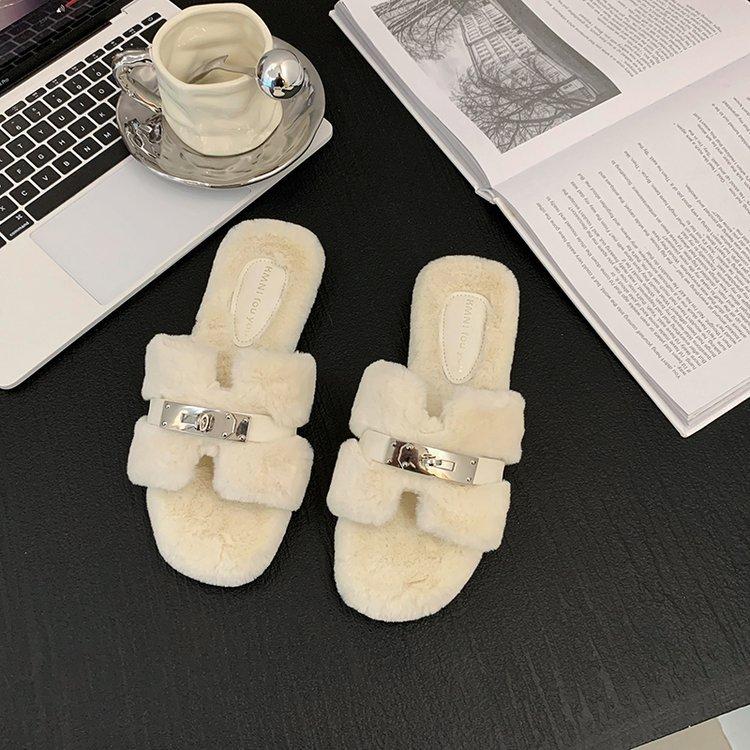 Internet Celebrity Fluffy Slippers Women Wear 2024 Autumn and Winter New Thick Bottom One-word Drag Small Fragrant Style Plush Slippers