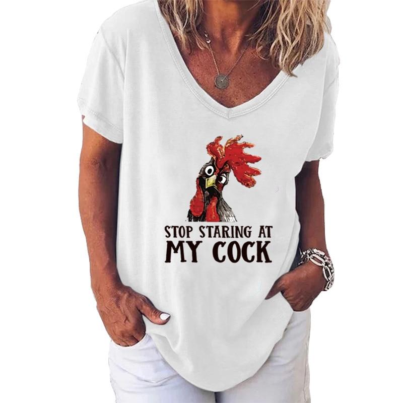 Fashion Spring  Rooster Print Blouses Short Sleeved V-Neck T Shirts Casual
