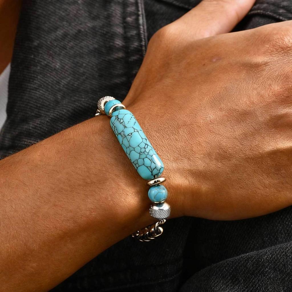 Vnox Stainless Steel Natural Turquoise Bead Bracelet for Men, 19+3cm Adjustable Chain Wristband, Fashion Jewelry Gift for Him