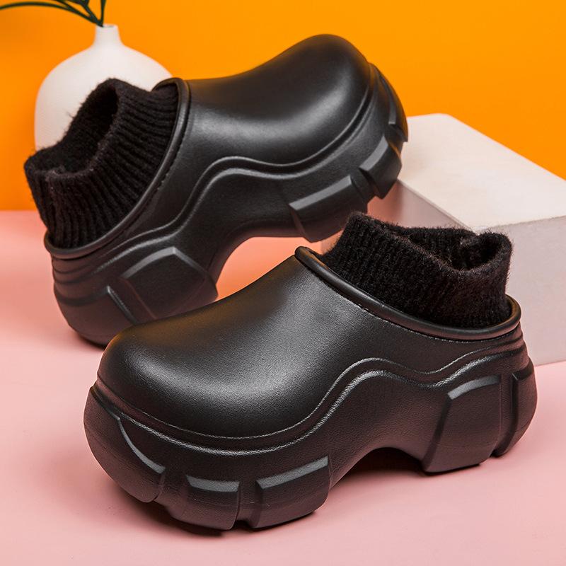 Fashion thick-soled heightening cotton shoes women's autumn and winter home indoor waterproof and non-slip cotton mop fleece bag and slippers