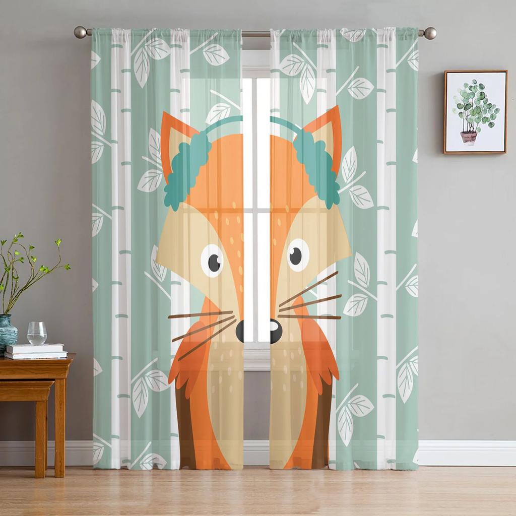 Animal Bird Fox Forest Winter Birch Tree Tulle Sheer Curtains for Living Room Bedroom Decor Window Curtain Voile Organza Drapes