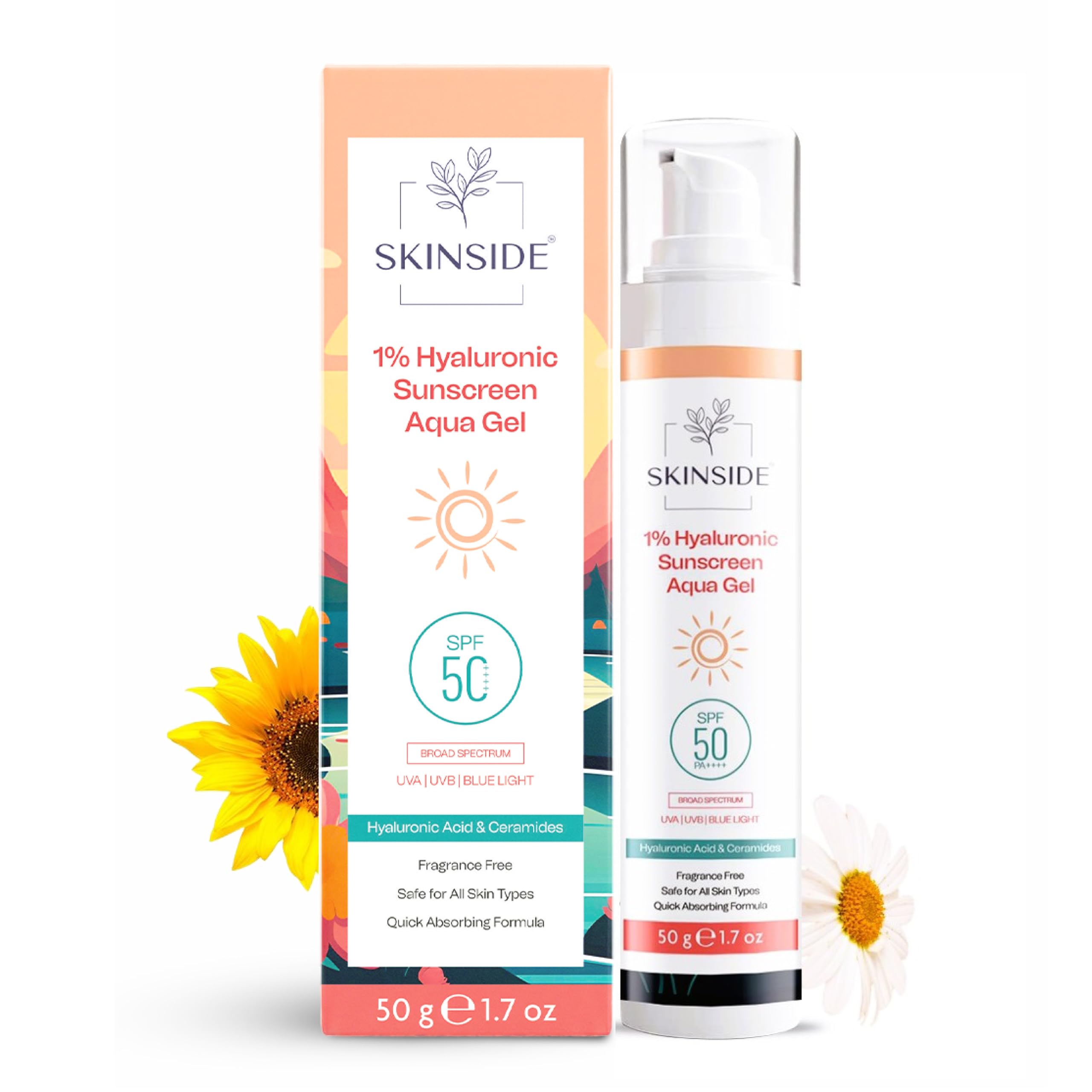 SkinSide 1% Hyaluronic In Vivo Tested Sunscreen Aqua Gel Ultra Light SPF 50 PA++++ | UVA UVB & Blue Light Protection | Zero White Cast | For All