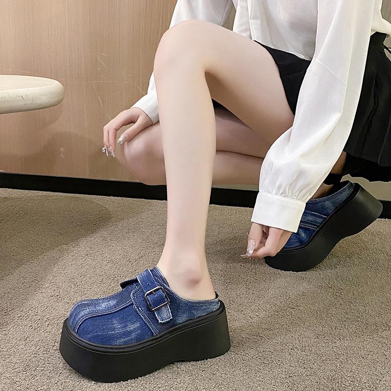 Denim big head muffin shoes women's 2024 summer retro belt buckle thick bottom cool slippers women's bag head half slippers