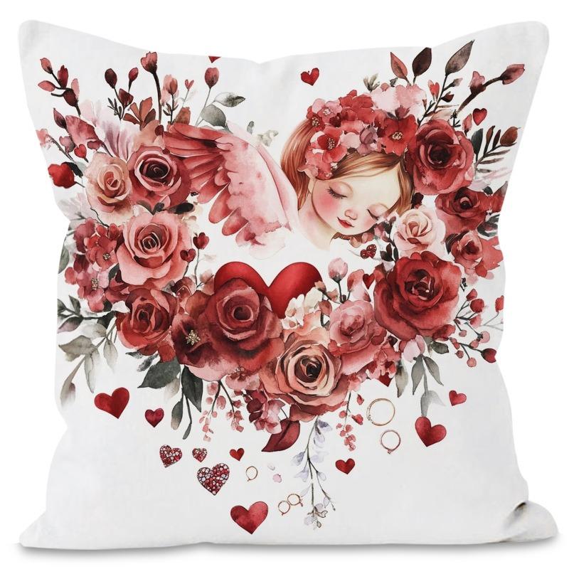 Valentine's Day Angel Print Home Decor Pillowcase Bedroom Living Room Sofa Decoration Polyester Cushion Cover with Zipper