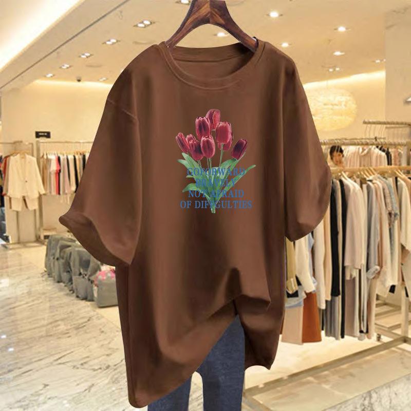 

Flower print cotton short-sleeved t-shirt women s casual crew neck top loose summer new bottoming shirt XXXL