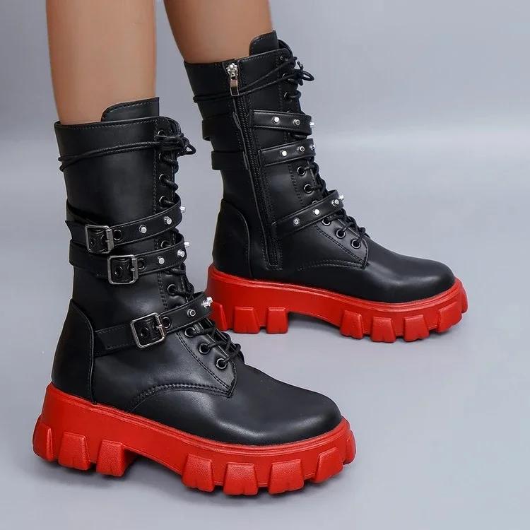 Fashion Punk Women Boots Zipper Motorcycle Boots Mid-Calf Boot 2025 Autumn Winter Women Biker Boots Platform Heel Ladies Shoes New Botas