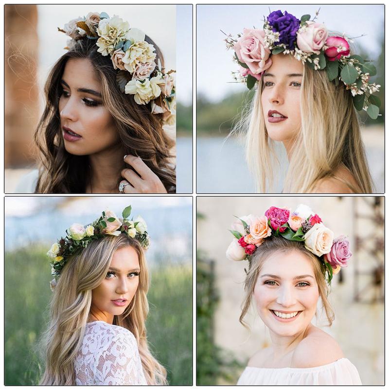 AWAYTR Spring Bohemian Rose Crowns Wreath Beach Hawaii Floral Garland Romantic Faux Rose Wedding Wreaths New Flower Headband
