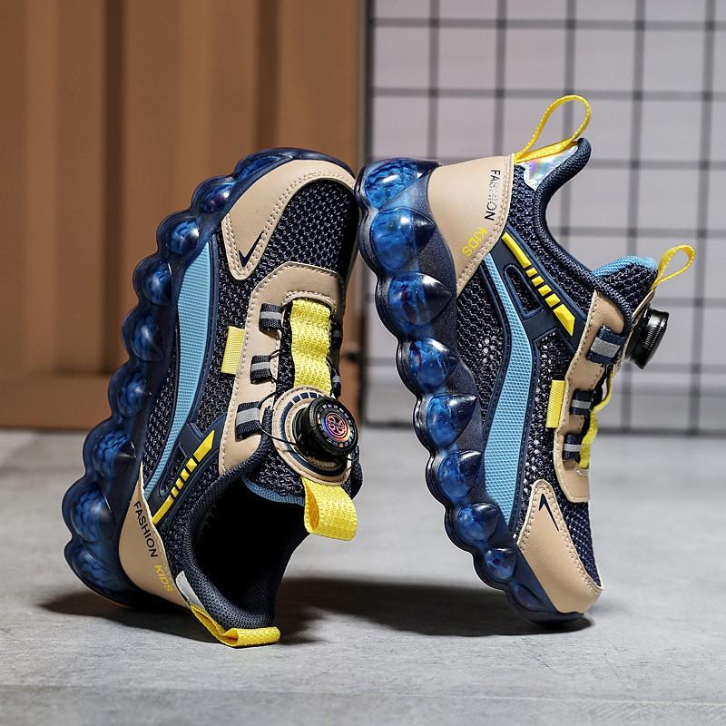 Boys Breathable Mesh Sneakers With Rotating Snap Lightweight Anti-Slip Sport Shoes Kids Fall