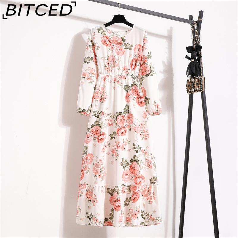 

BITCED 25 Colors Spring Women Maxi Dresses Casual Long Sleeve Floral Print O-Neck Ladies Long Dress Bohe Beach Party Mujer Vestidos Muslim Dress XL