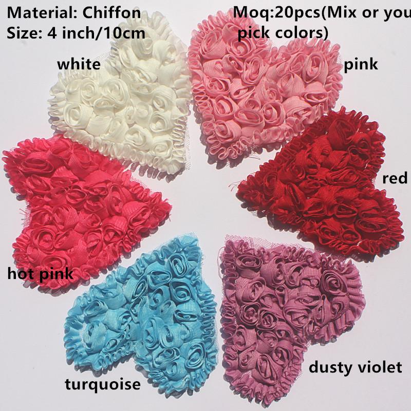 20 Stück Große Chiffon-Rosen-Herz-Aufnäher für DIY Baby Mädchen Kleidung Kleid Strampler Hemden Nähdekorationen Haarschleifen-Zubehör