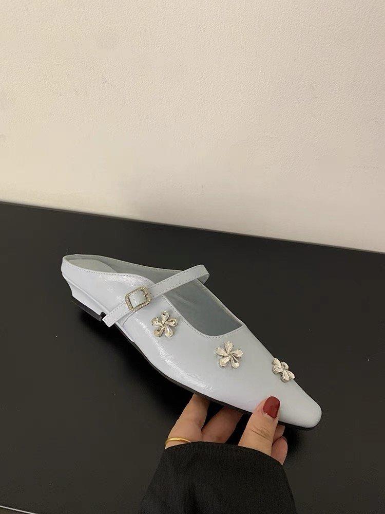 French rhinestone Mary Jane half slippers thick heel women's shoes spring and summer new silver bag head cool slippers Korean version single shoes