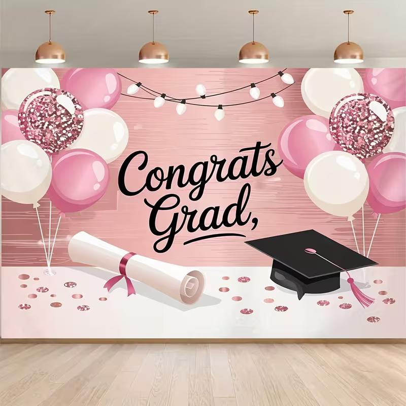 

2D Flat Graduation Backdrop Pink Congrats Grad Themed Background Cloth 47.2x31.5inch/120*80cm