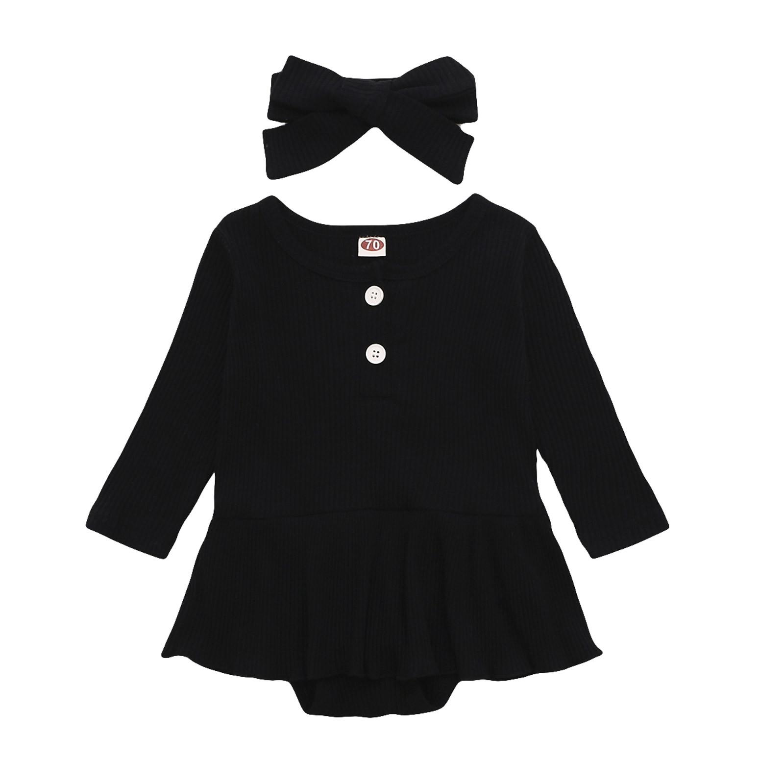 

(SU)Однотонная одежда в рубчик с длинными рукавами для маленьких девочек, комбинезон, платье с повязкой для волос, наряды 90 чёрный