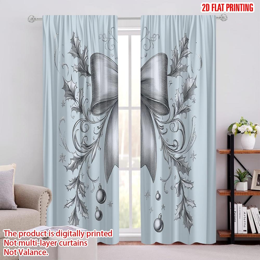 

2pcs,2D plane printing Window Curtain Christmas Bow Holly Ornaments (4) 100% Polyester (without rod) Holiday Use for Bedroom, 52.50 × 116.00 cm 2 pcs