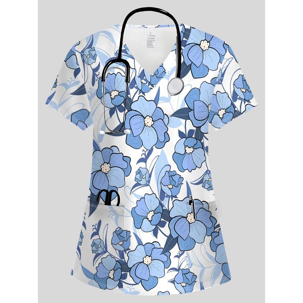 

Surgical Uniforms Woman Fashion Floral Print Comforts Dental Nurse Tops Casual V-Neck Short Sleeve Vet Spa Nurse Uniform Woman S