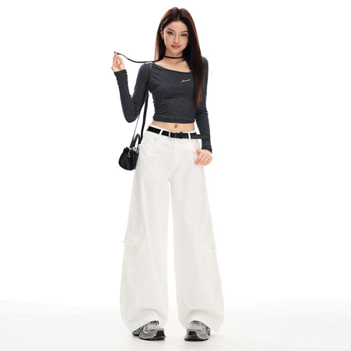 Women's Military Green Wide-Leg Jeans: Autumn Curved Knife Design, Loose Fit, Floor-Length Casual Workwear Pants.