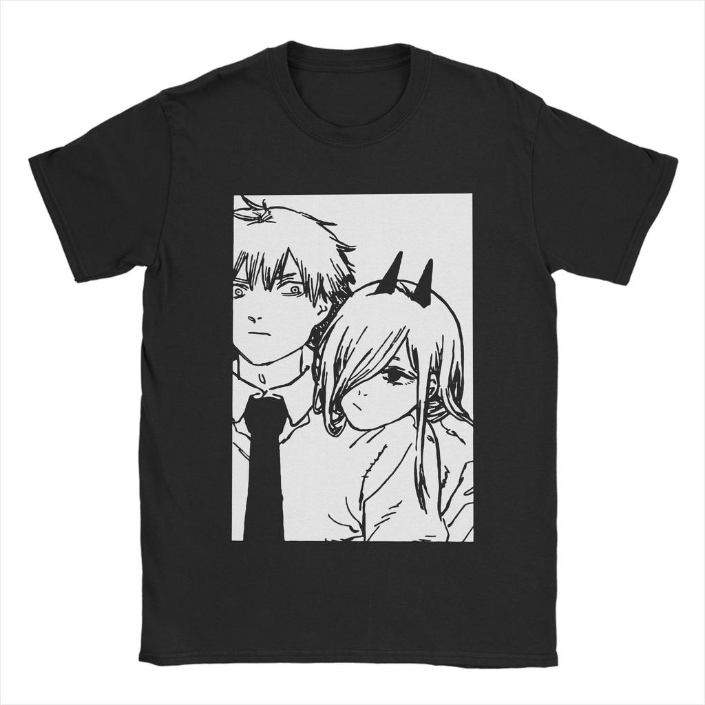 Men T-Shirt Denji and Power Chainsaw Man Novelty Cotton Tee Shirt Short Sleeve Anime T Shirt Round Collar Tops Printed