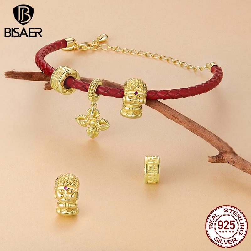 BISAER 925 Silver Lucky Koi Cat Pawprint Charm Bead Weaved Bag Pendant Plated Gold Fit Women DIY Bracelet Fine Jewelry