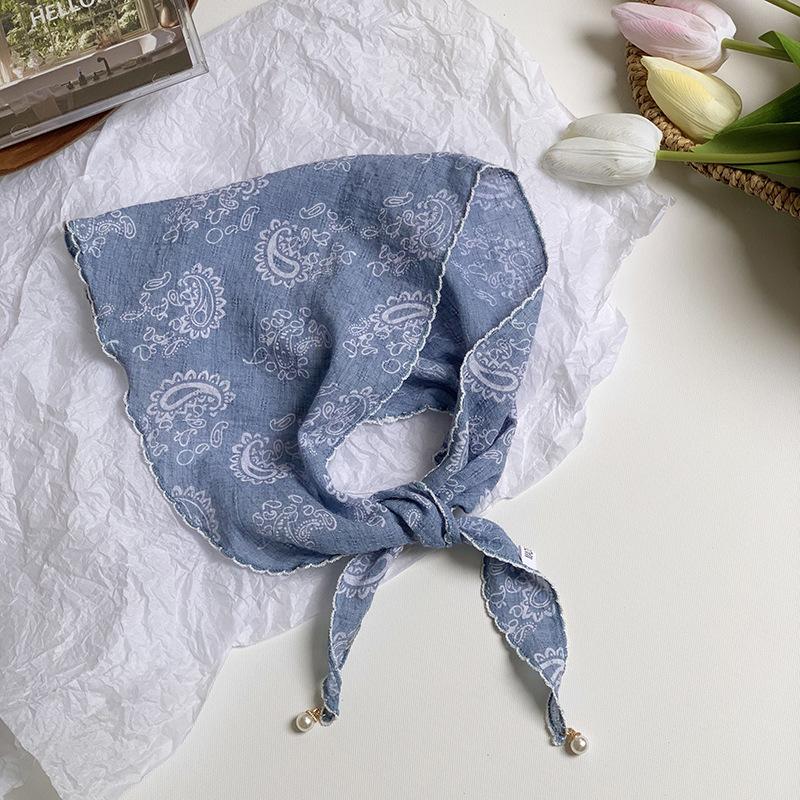 Triangle Scarf Scarf Female Retro Literary Floral Cotton and Linen Neck Protector Decorative Pearl Small Pendant Small Scarf Headband