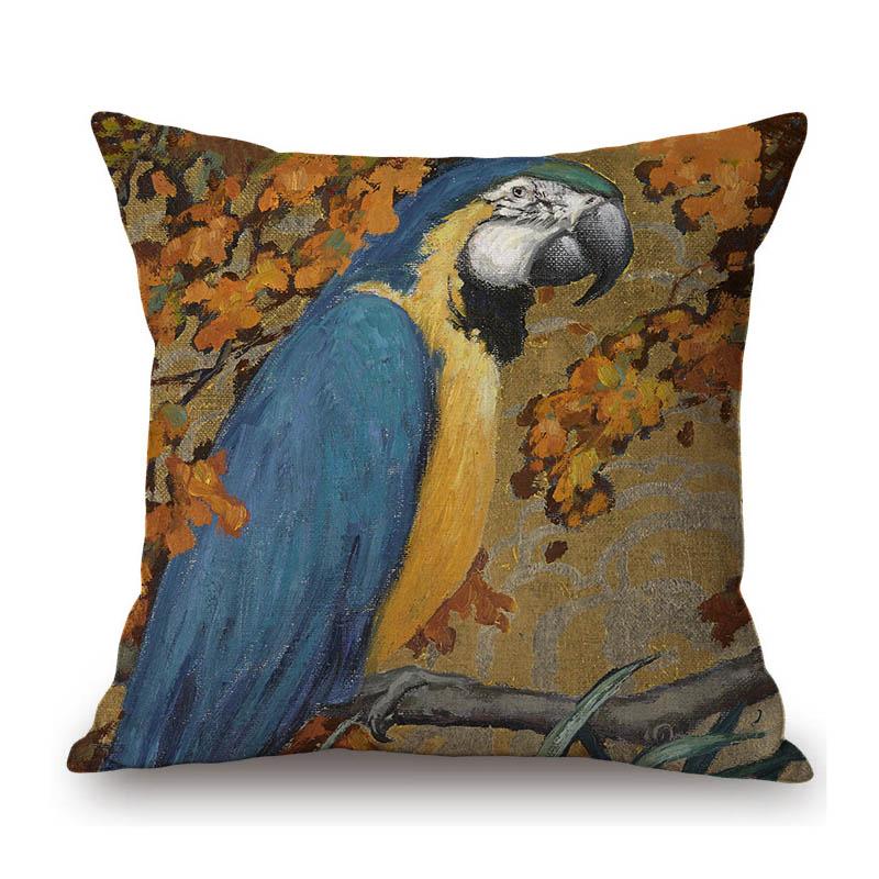 Flower Birds Peacock Floral Oil Painting Parrot Home Decoration Cotton Linen Sofa Throw Pillow Case Beautiful Cushion Cover Case