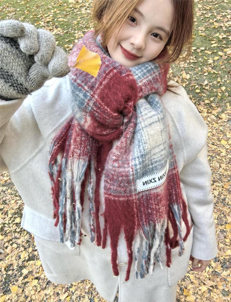 New Solid Color Haze Blue Scarf Women's Winter Fluffy Hair Thickened Student White Warm Scarf