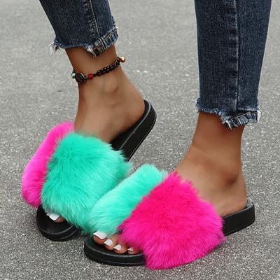 2024 Neue Mode Pelz-Pantoletten Indoor Warm Damen Flip Flop Plateau-Schuhe Übergröße 42 Pelzige Pantoletten für Frauen Pelz Weiche Flache Schuhe