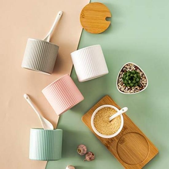 Ceramic Embossed Stripe Sugar Bowl Spice Jar Storage Seasoning Pot with Lid Spoon
