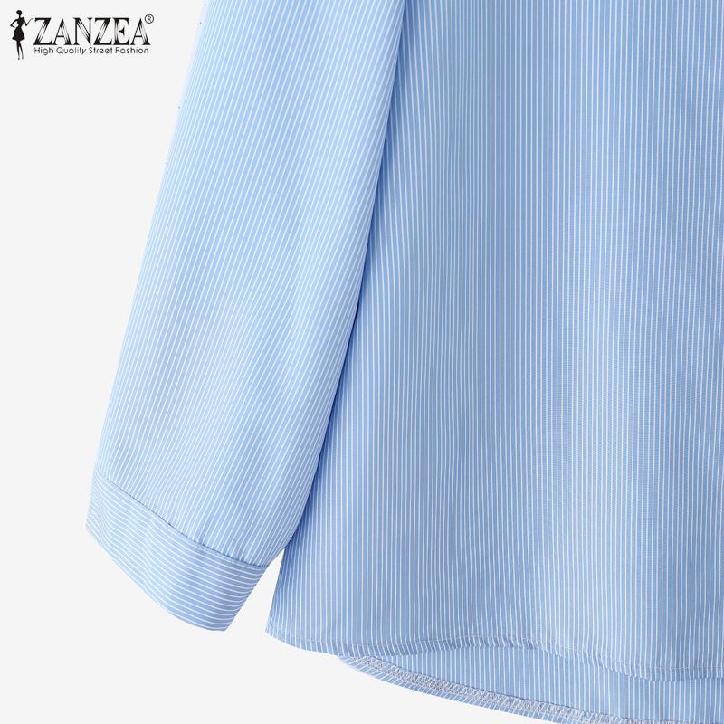 ZANZEA Womens Casual Stand Collar Loose 3/4 Sleeve Stripe Blouse
