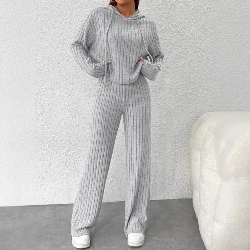 Casual Knitted Long Sleeved Set Women's Hooded Sweatshirt, Loose Pants Two-piece Set
