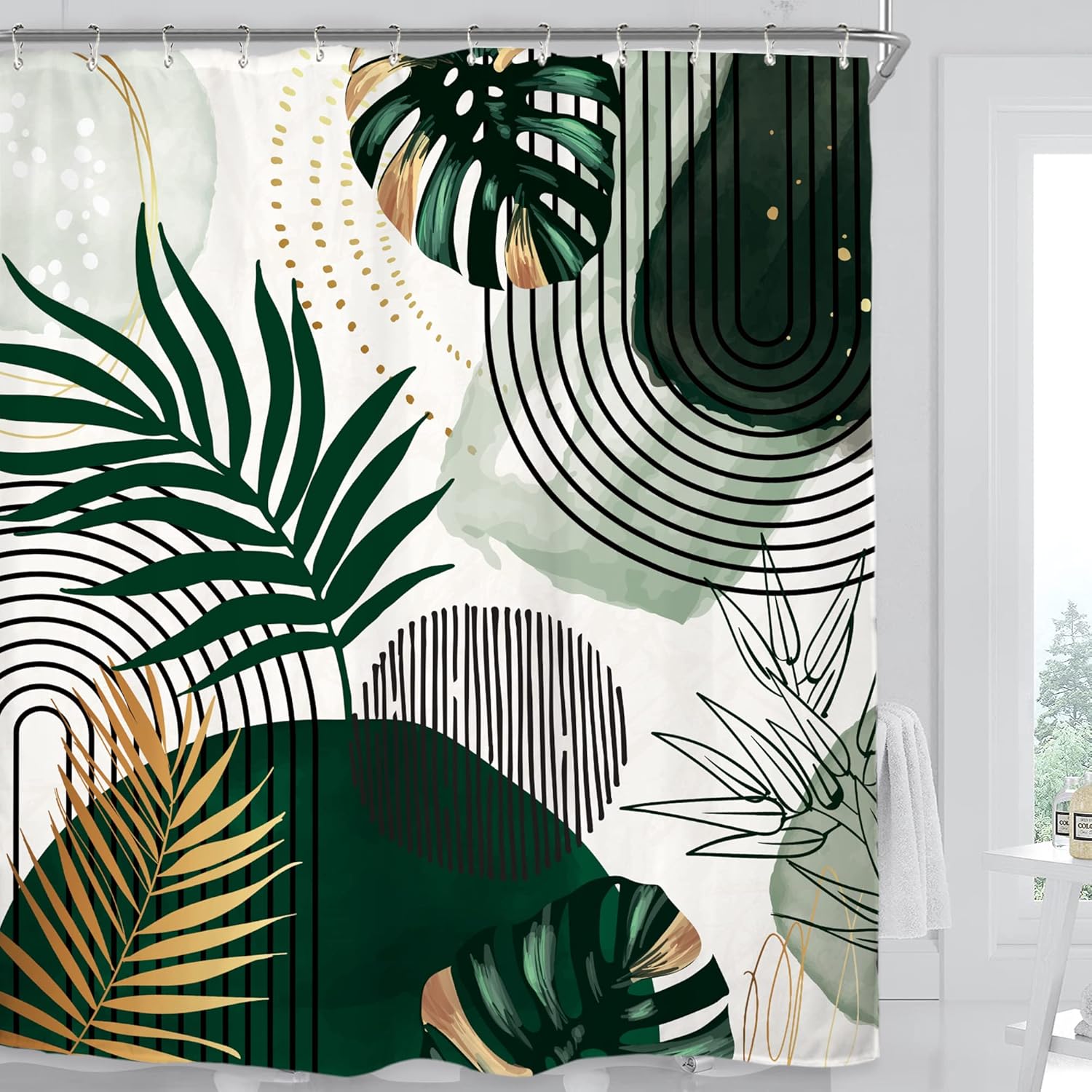 

Abstract Leaves Shower Curtain Emerald Green Modern Tropical Simple Minimalist Chic Waterproof Bathroom Curtain With 12 Hooks W60H190(CM)-1 Pcs