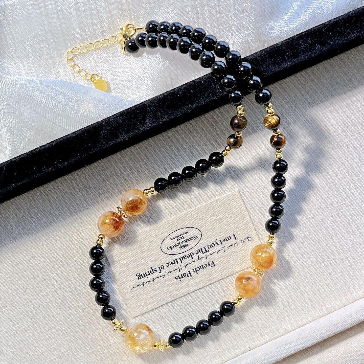 

High Quality Natural Citrine Black Agate Contrasting Color Design Sense Collarbone Chain Necklace