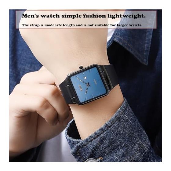 Men's Square Silent TPU Leather Strap Black Simple Thin Stylish Arm Watch Men's Waterproof Business Casual Men's Gift Black Blue Waches for Men