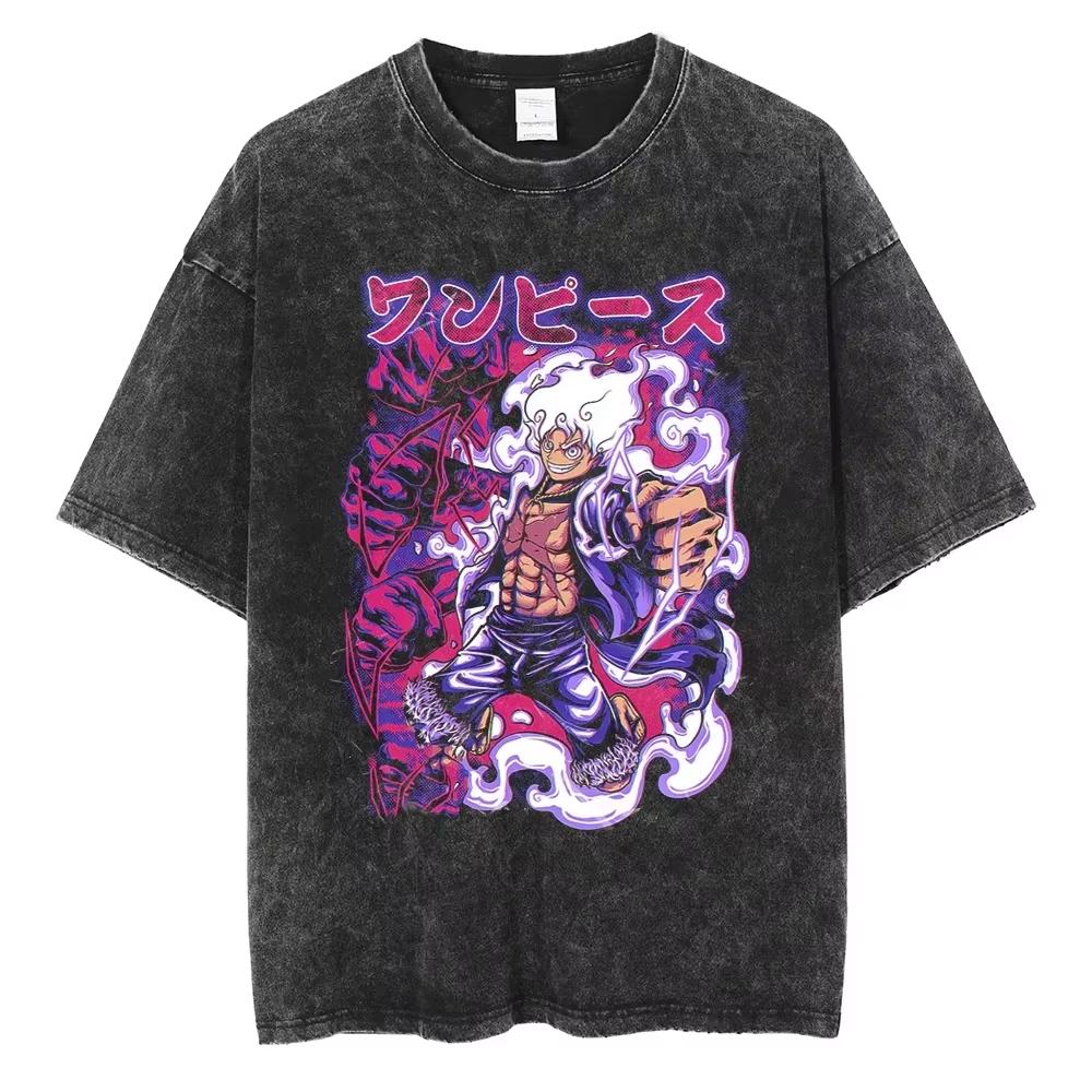 Nika Luffy Gear  ONE PIECE Anime Harajuku Retro Washed Tshirt  Cotton Men Streetwear Women Short Sleeves Unisex Top