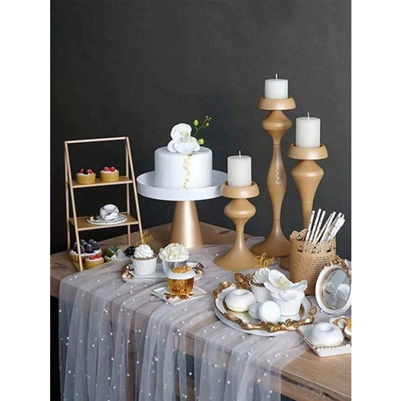 1pc Cake Photography Backdrop, Soft Tulle Curtain Fabric, Faux Pearl Organza Dessert Table Cloth, Fairy Style White Lace Background Prop