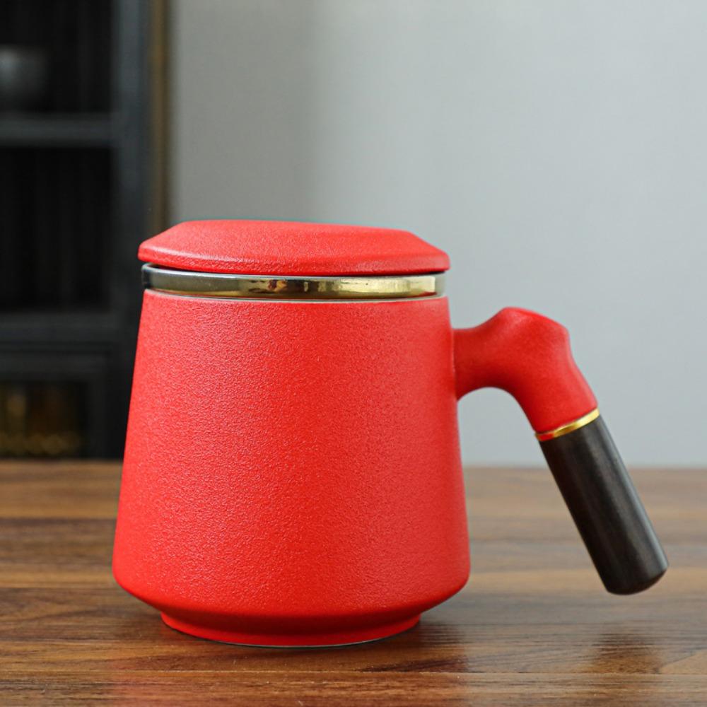 

Ceramic tea cup with lid tea separation cup filter water cup creative wooden handle cup office cup gift cup