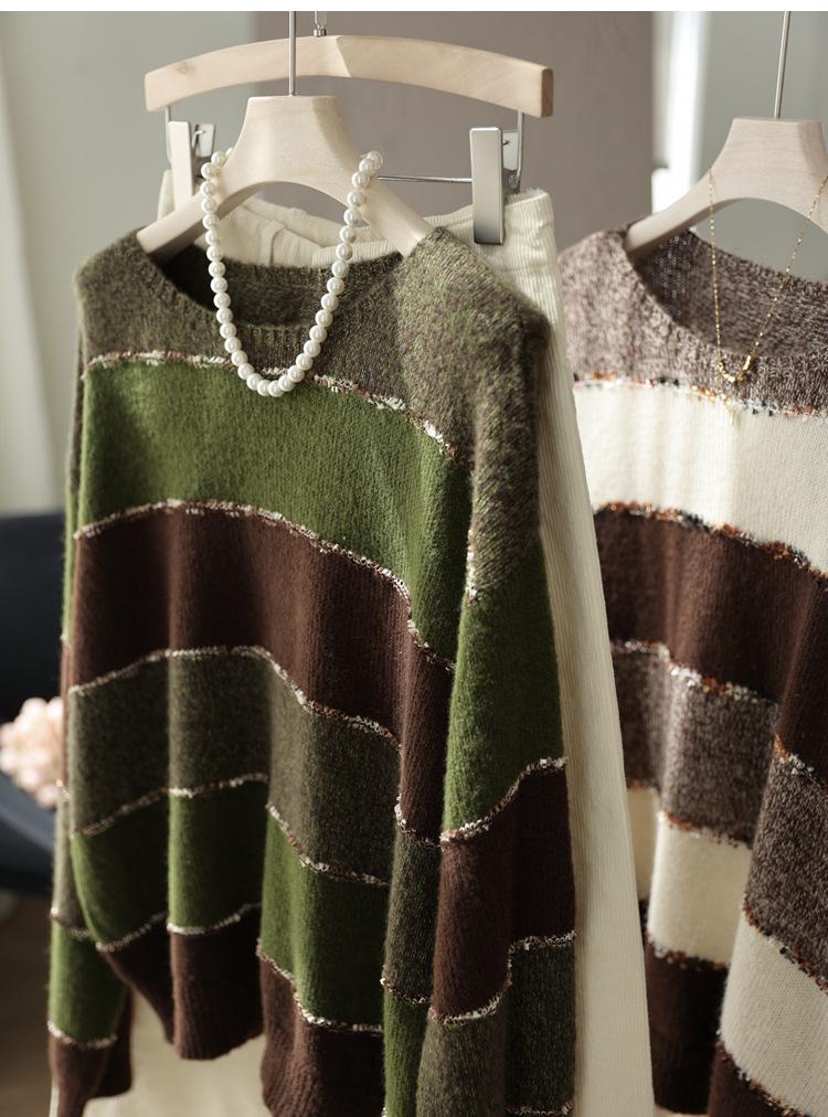 Matcha Chocolate Cashmere Wool Color Block Striped Knit Sweater - Women's Autumn Fashion