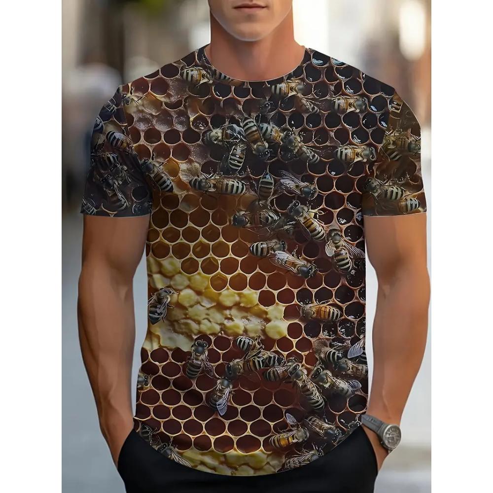Men's Casual Honeycomb Bee Print T-Shirt Casual Round Neck Short Sleeve Tshirts Clothes New In Funny Bee Graphic T Shirts Tops
