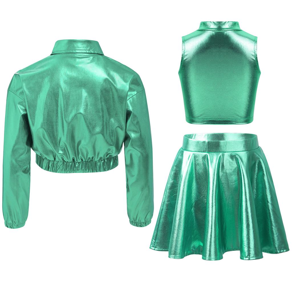 Metallic Shiny Jacket Set for Girls: Turn-Down Collar Long Sleeve Coat with Turtleneck Tank & High Waist A-Line Skirt