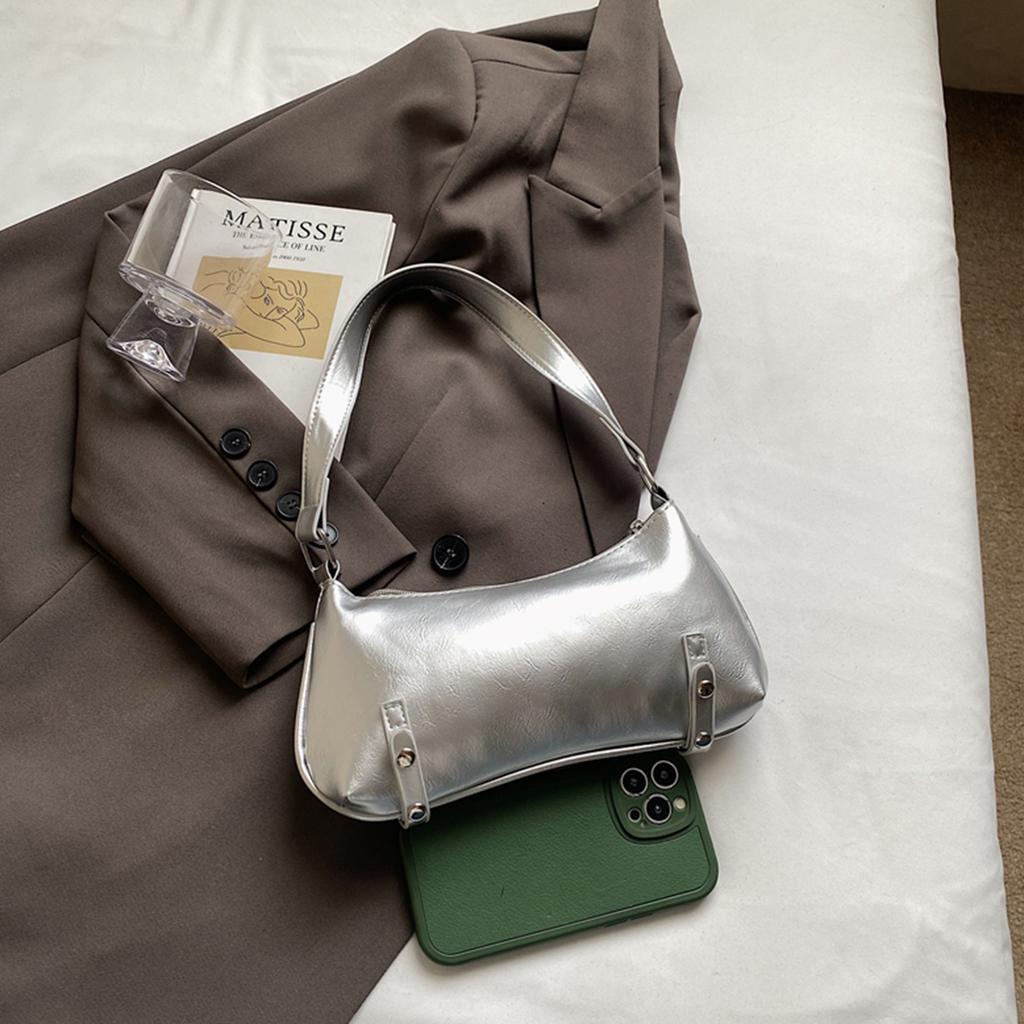 Casual Mini Shoulder Bag Glossy Finish Hardware Detail Lightweight PU Zipper Underarm Bag for Daily Commute & Shopping