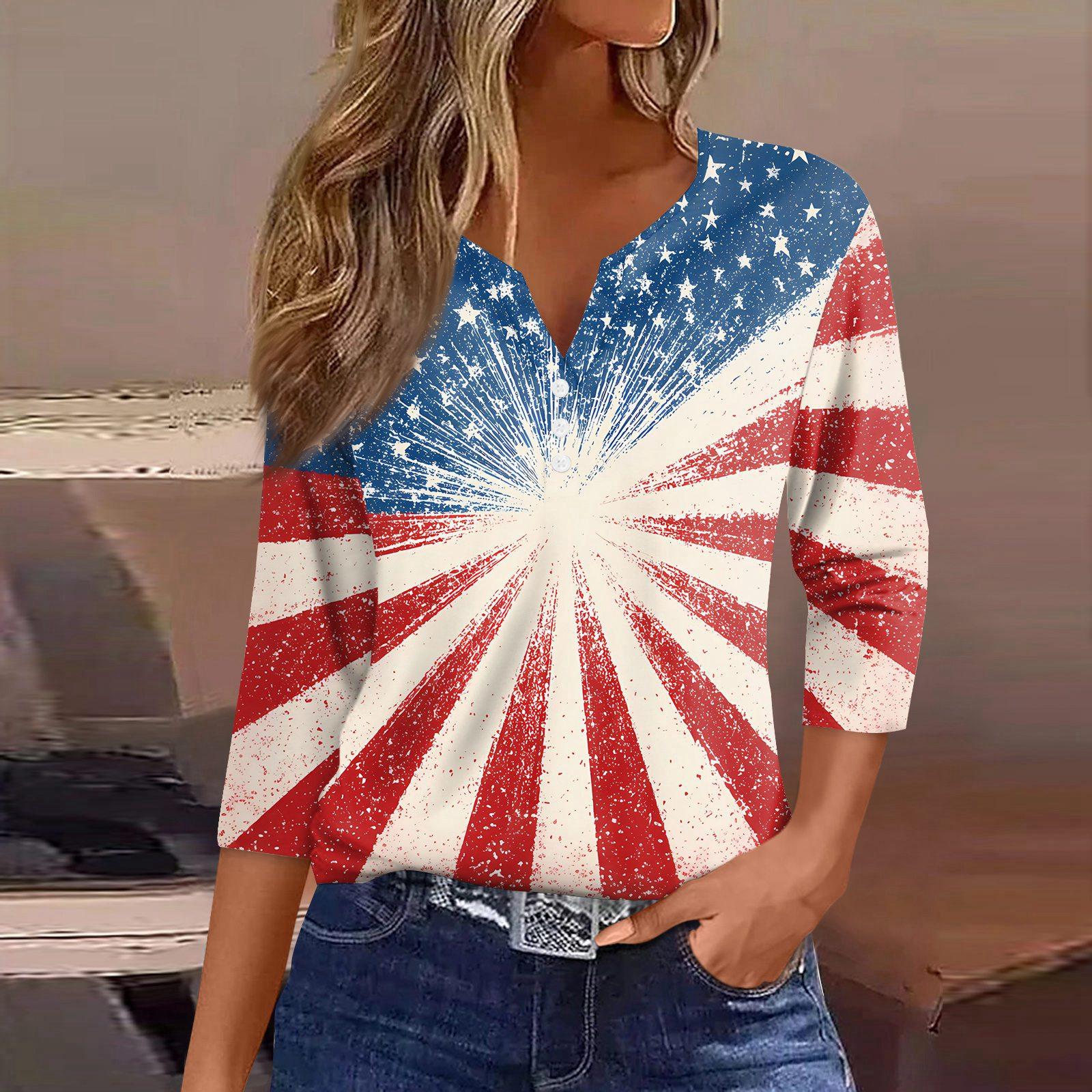 

Women s T Shirt Independence Day Print Button 3/4 Sleeve Daily Weekend Fashion Basic V- Neck Regular Top L синий