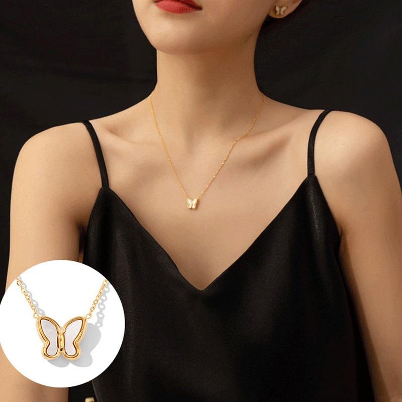 316L Stainless Steel New Fashion Upscale Minimalism Embed Shell Butterfly Charms Chain Choker Necklace Pendant For Women