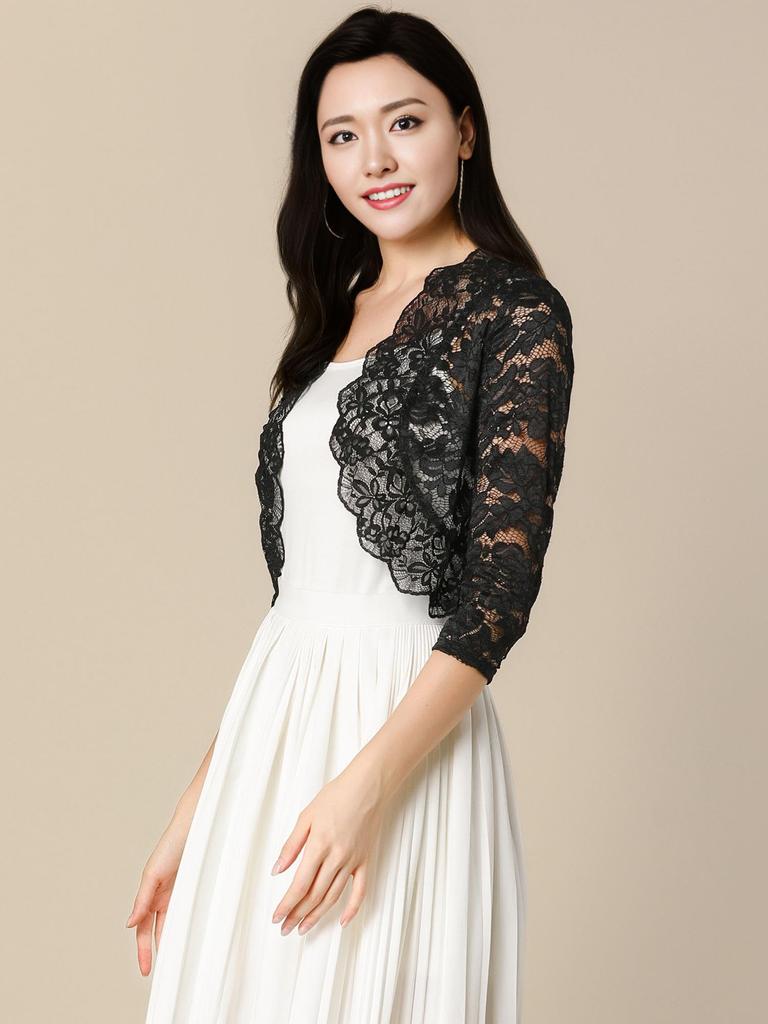 Allegra K Lace Full Sheer Floral Print Shrug Open Size 2XL Bolero, Lace, Top, 3/4 Sleeves, Front, Elegant, Women's, Black,