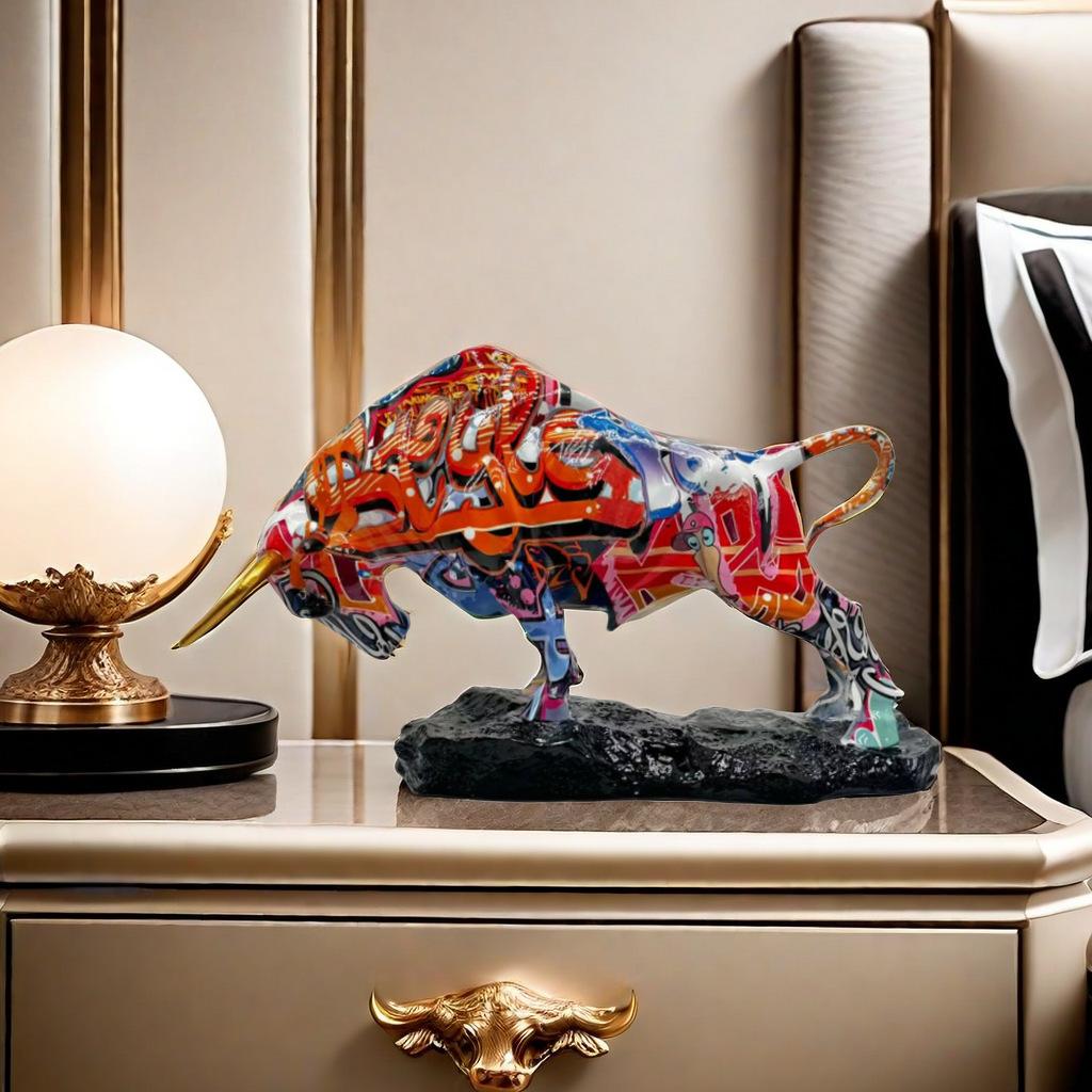 Creative Water Transfer Colorful Wall Street Bull Ornament, Resin Craft For Home Living Room Entrance Desktop Decoration